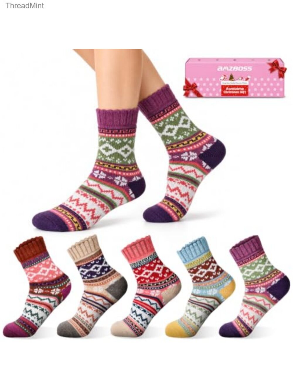 Wool Blend Fuzzy Calf Socks 5 Pack Cozy Winter Gift Set Women